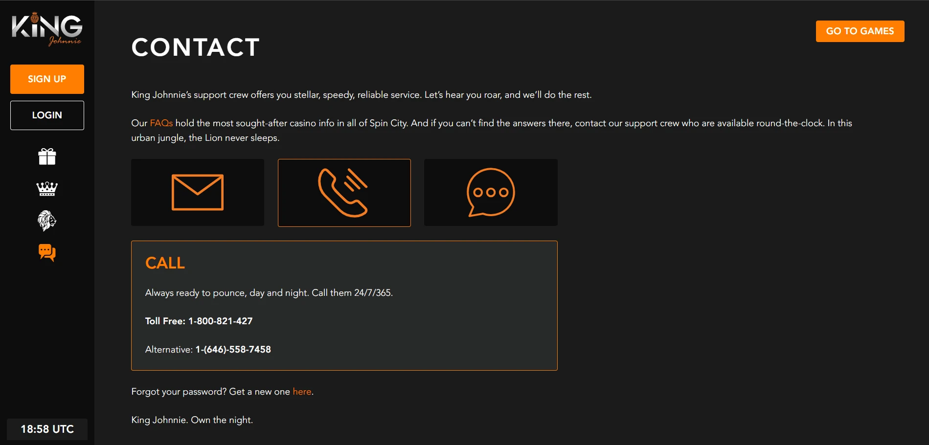 King Johnnie Casino customer support options