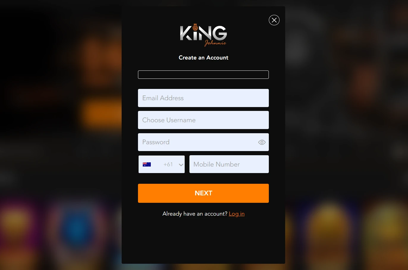 King Johnnie Casino registration form
